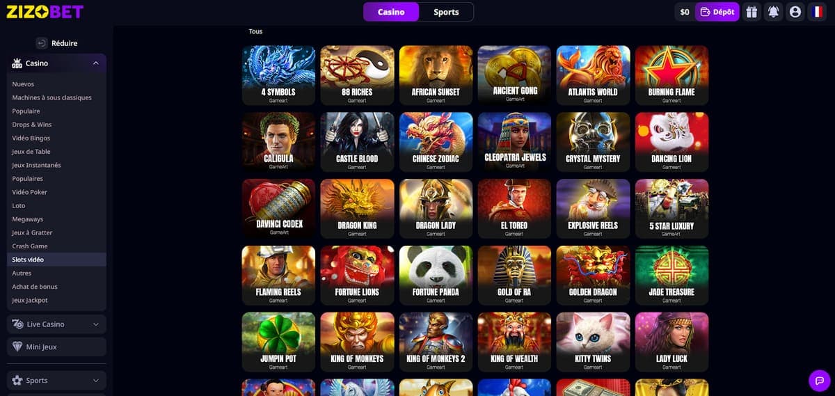 Machines à sous Zizobet Casino