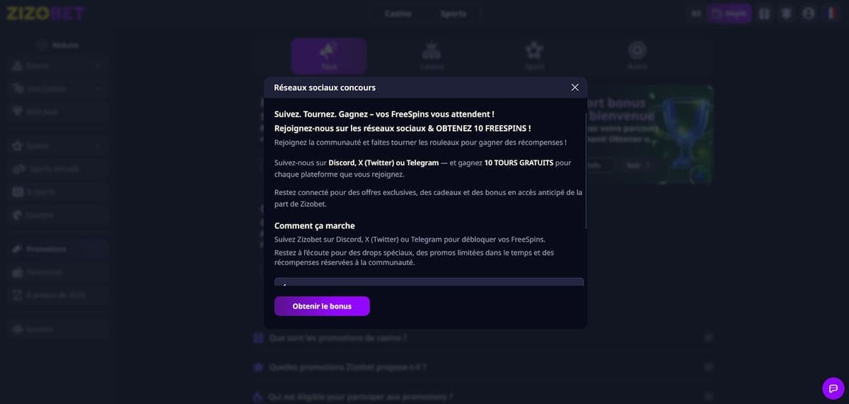 Promo réseaux sociaux Zizobet Casino