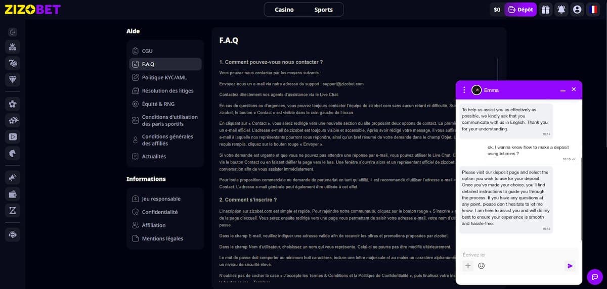 Service client Zizobet Casino