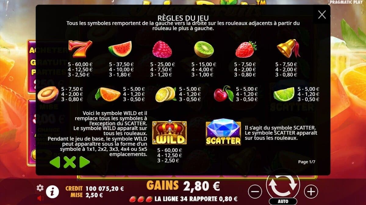 Règles du jeu Juicy Fruit Jeu