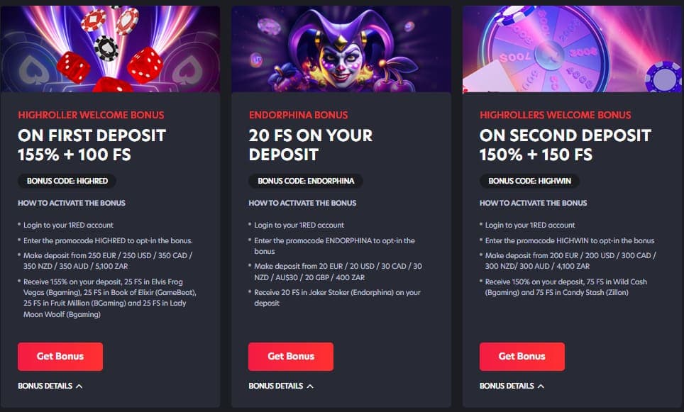 Bonus de bienvenue Highroller 1RED casino
