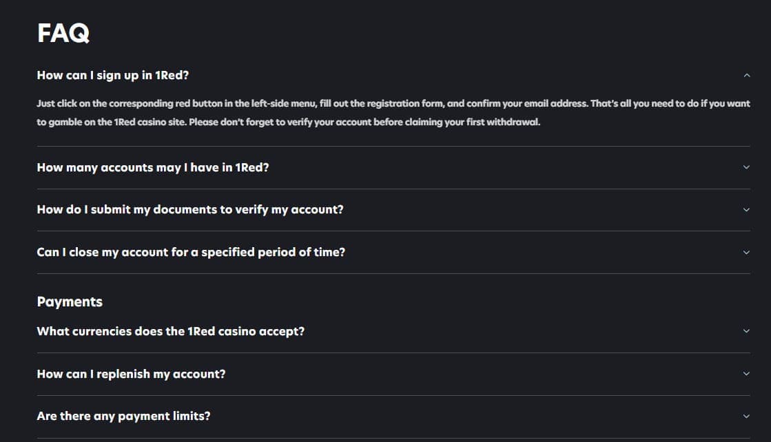 FAQ 1RED casino
