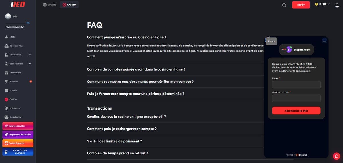 Support client 1RED Casino
