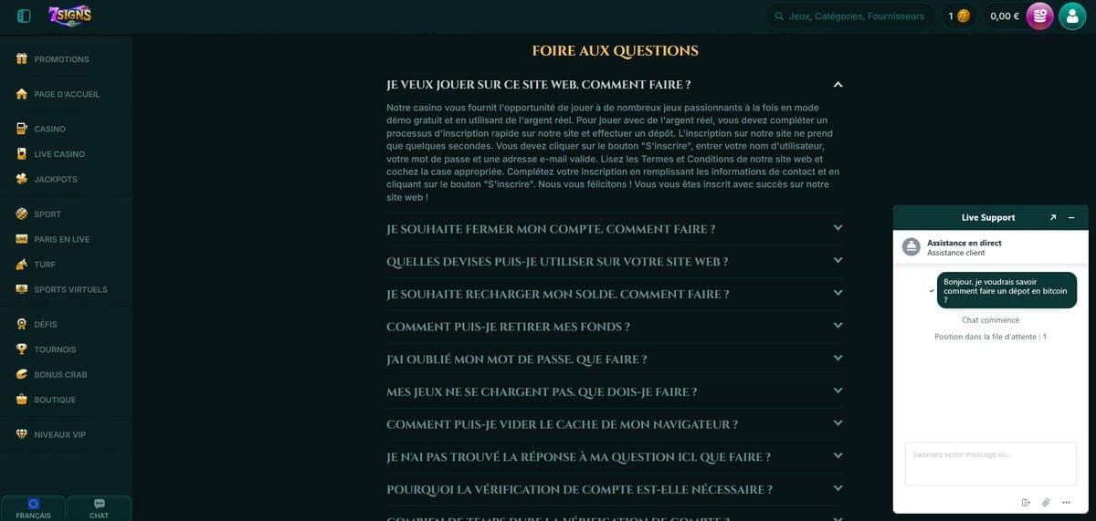 Service client 7Signs Casino