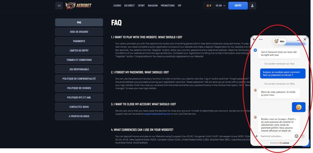 Service client Aerobet Casino