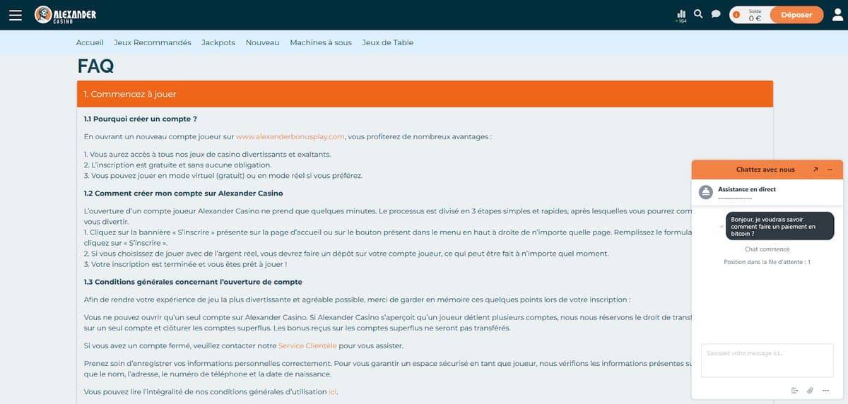 Service client Alexander Casino