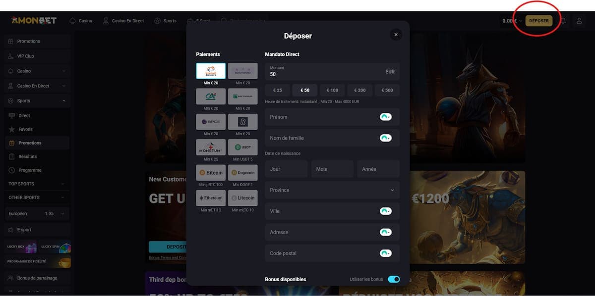 Dépôt Amonbet Casino