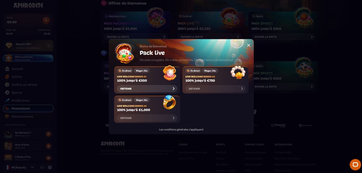 Bonus bienvenue live Aphrodite Casino