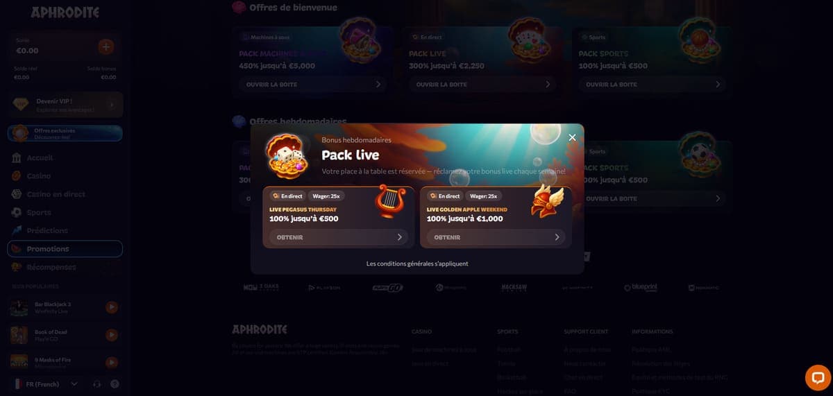Bonus hebdos live Aphrodite Casino
