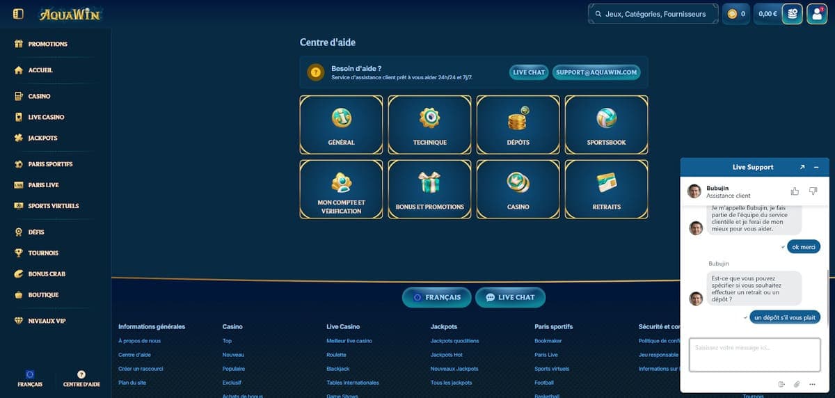 Centre d'aide Aquawin Casino