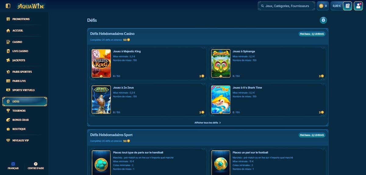 Défis Aquawin Casino