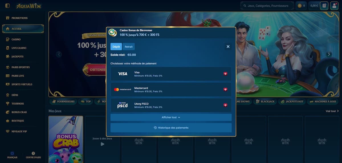 Dépôt Aquawin Casino