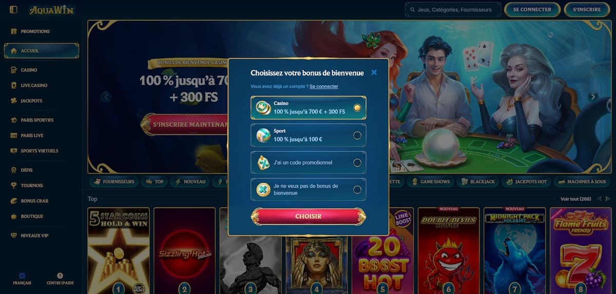 Inscription Aquawin Casino