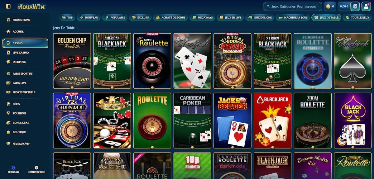 Jeux de table Aquawin Casino