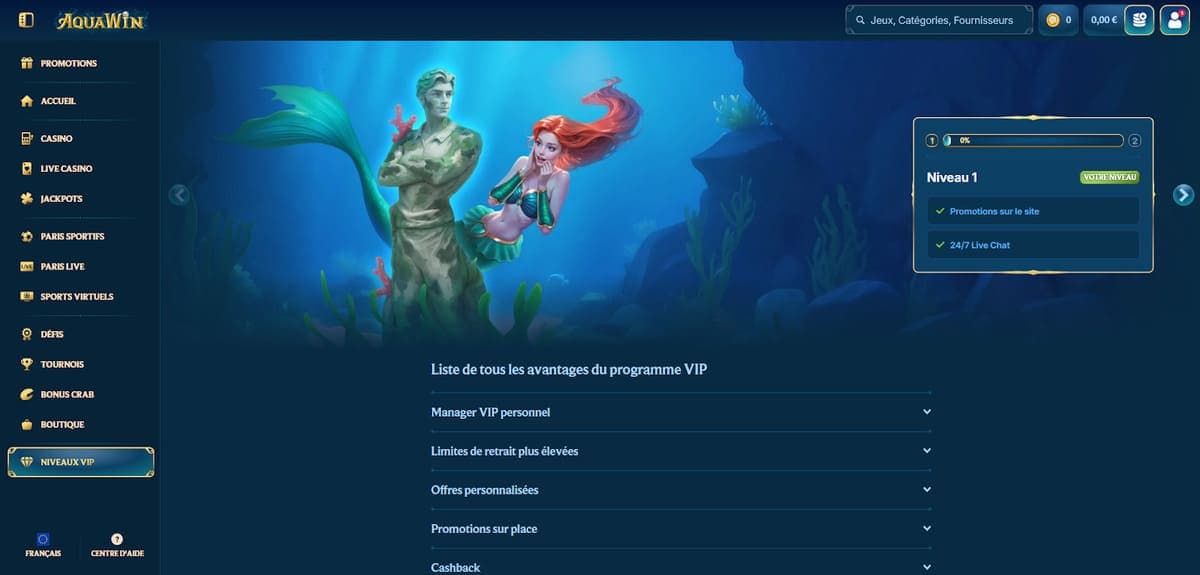 Niveaux VIP Aquawin Casino
