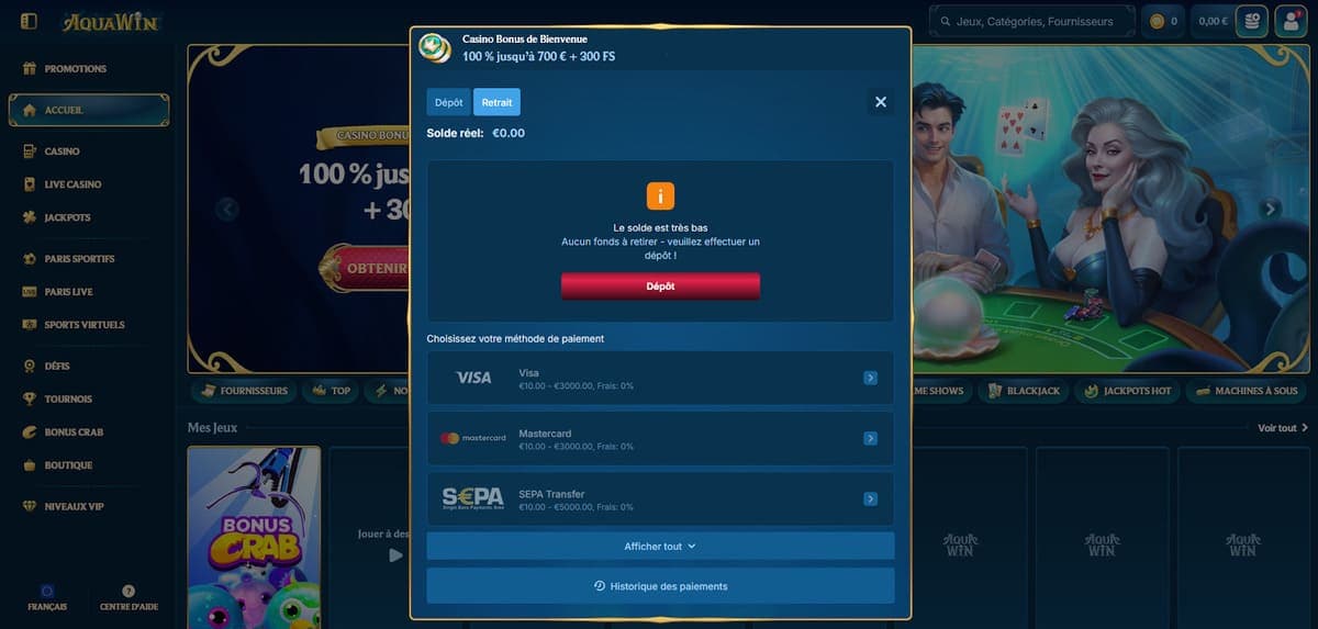 Retrait Aquawin Casino