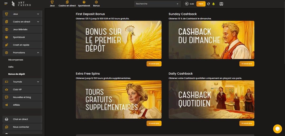 Autres bonus dépôt Art Casino