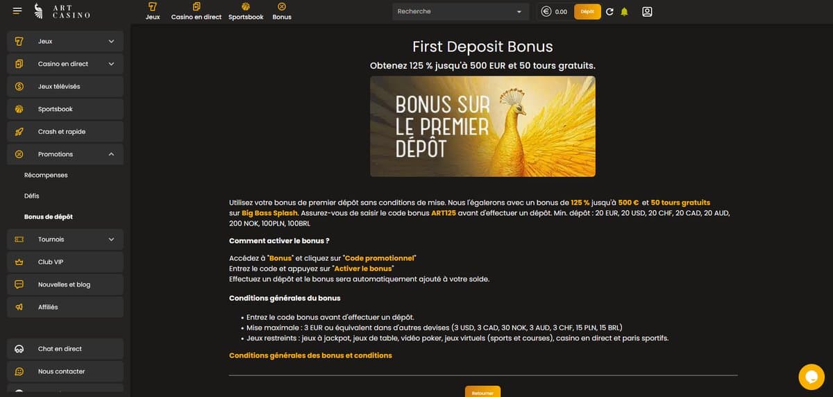 Bonus premier dépôt  Art Casino
