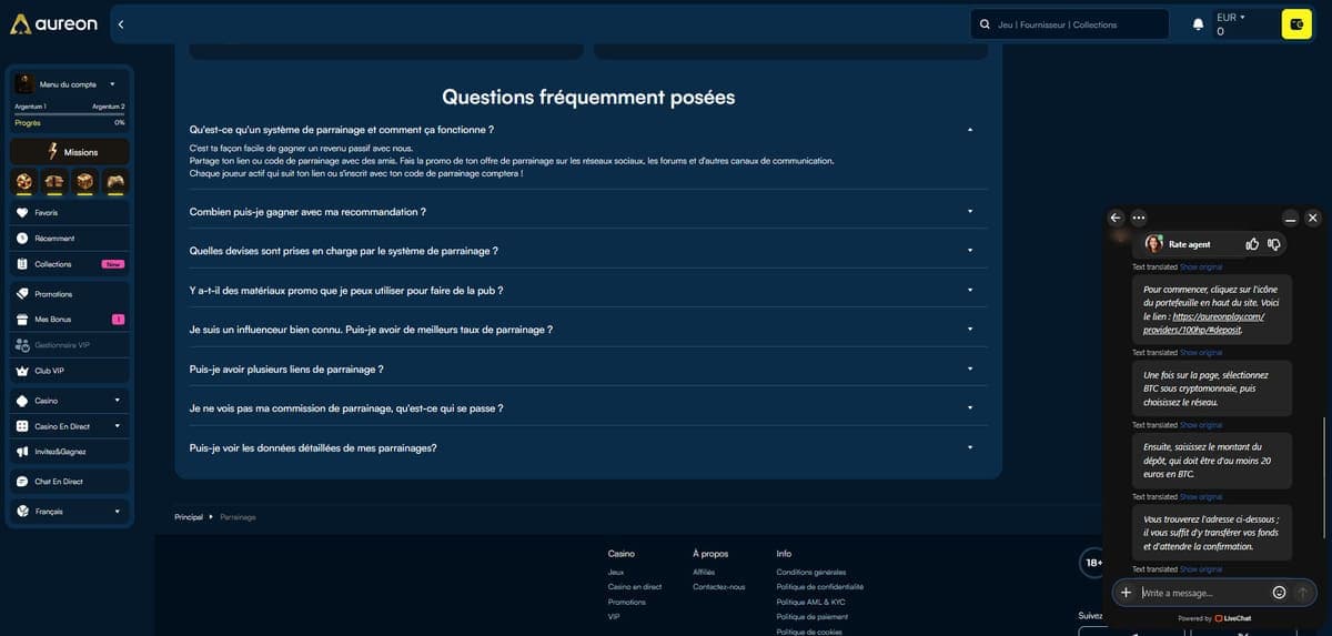 Service client AureonPlay Casino