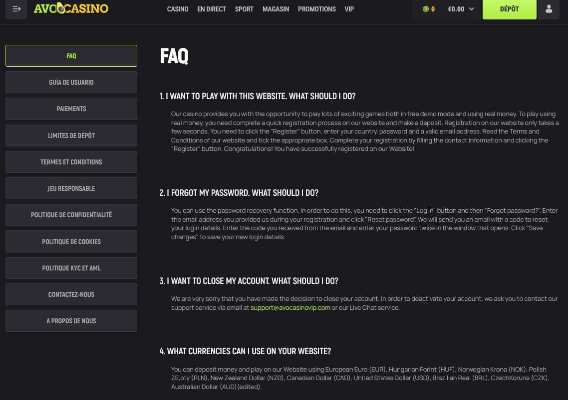 FAQ Avocasino Casino