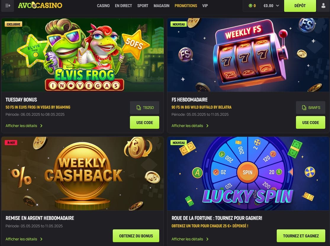 Offres hebdomadaires Avocasino Casino