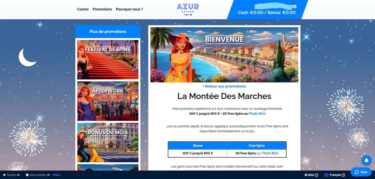 Cadeau bienvenue Azur Casino