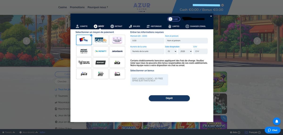 Dépôt Azur Casino