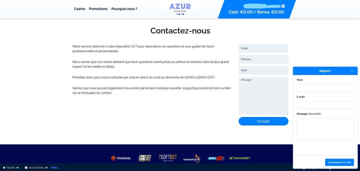 Service client Azur Casino