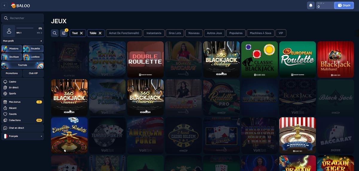 Jeux de table Baloo Casino