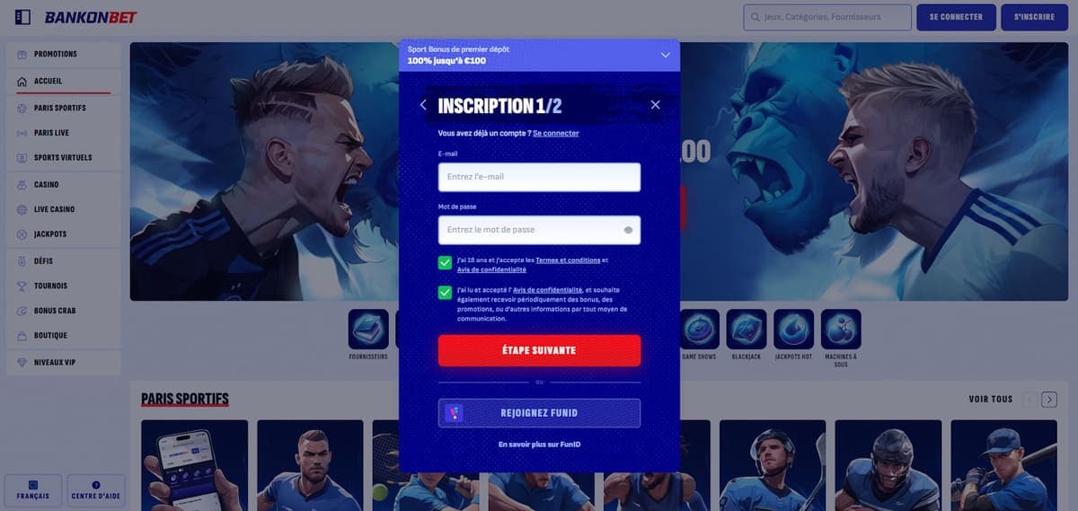 inscription étape 1 Bankonbet Casino