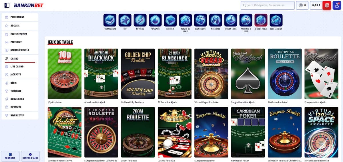 jeux de table Bankonbet Casino