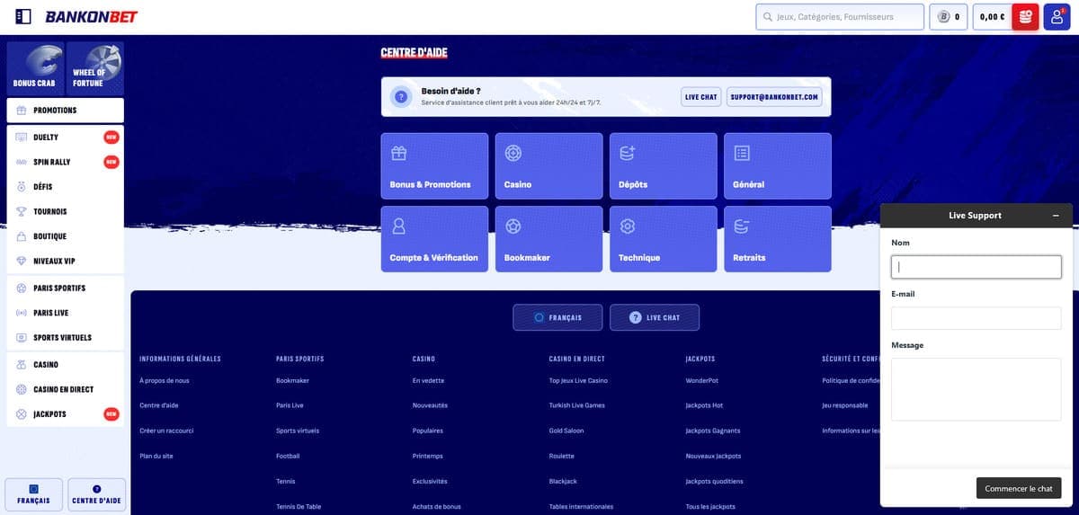 Service client bankonbet Casino
