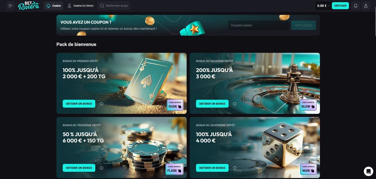 Bonus bienvenue Bet Riviera Casino
