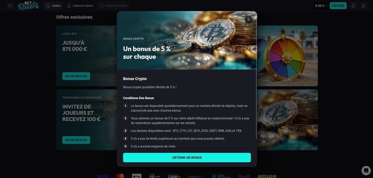 Bonus crypto Bet Riviera Casino
