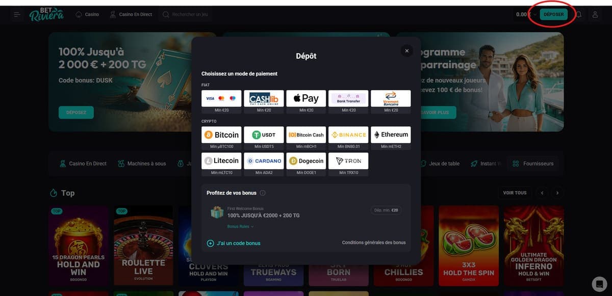 Dépôt Bet Riviera Casino