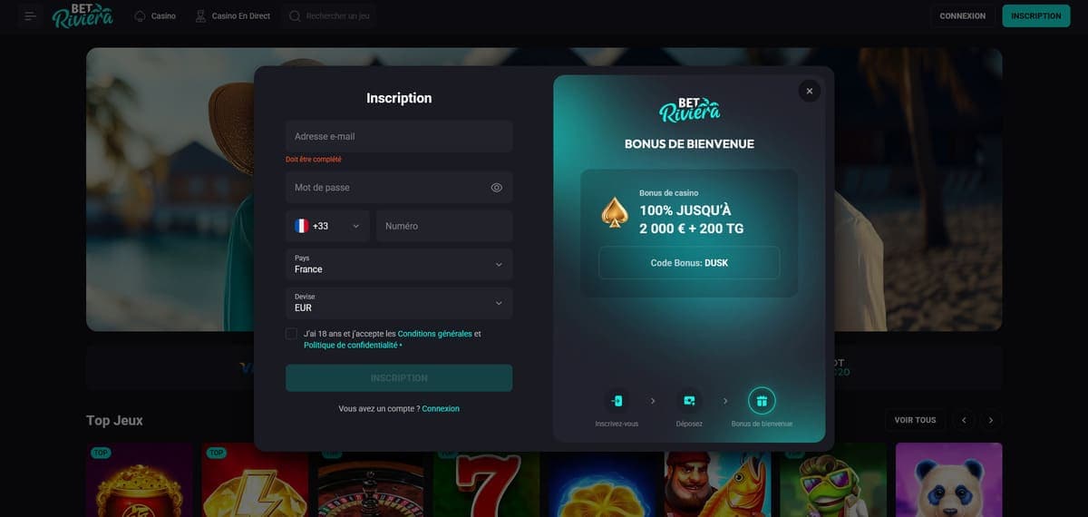 Inscription Bet Riviera Casino