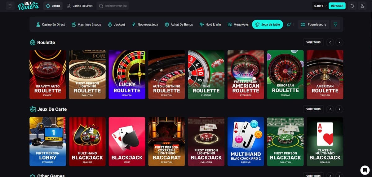 Jeux de table Bet Riviera Casino