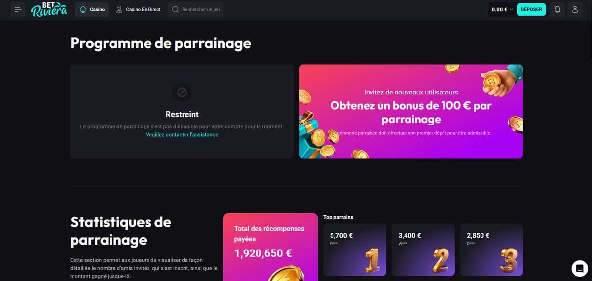 Parrainage Bet Riviera Casino