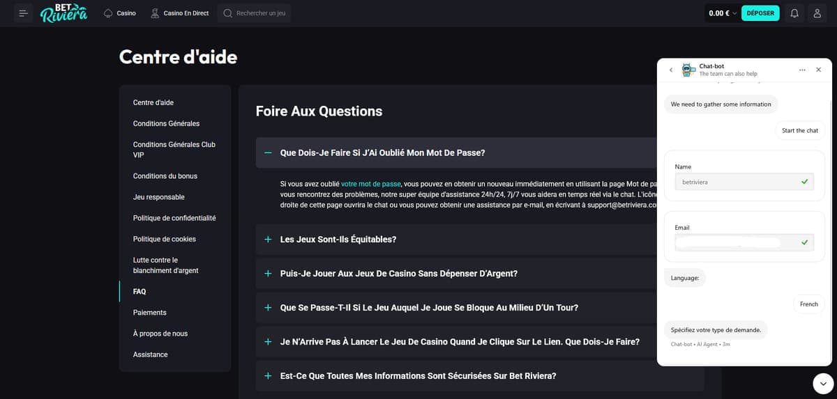Service client Bet Riviera Casino