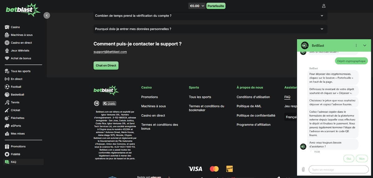 Chat support Betblast Casino