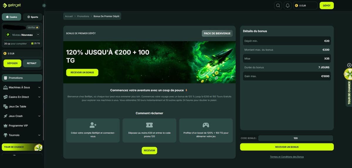 Bonus bienvenue BetnJet Casino