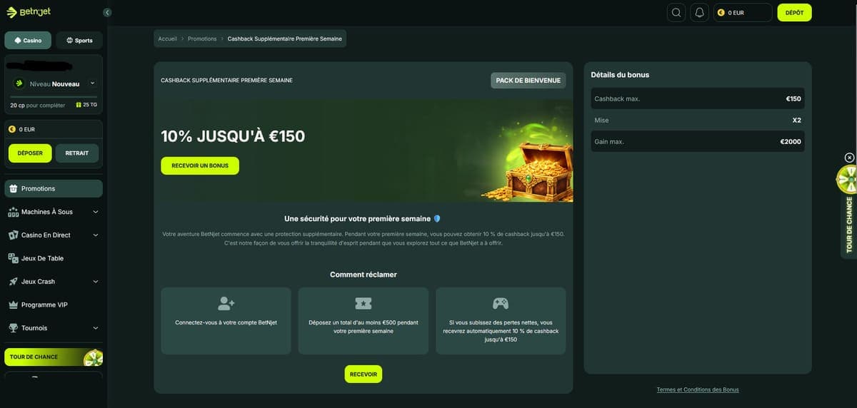 Cashback spécial BetnJet Casino