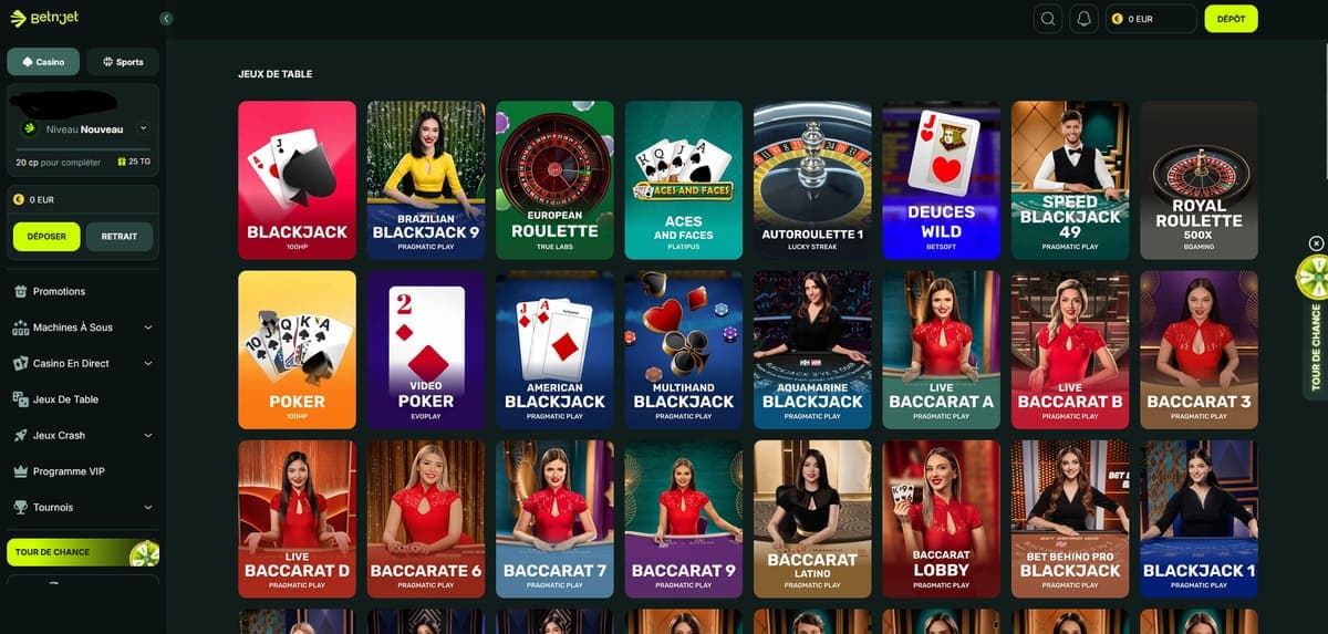 Jeux de table BetnJet Casino