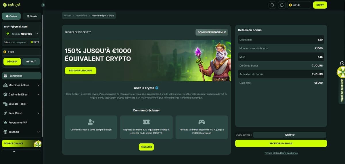 Premier dépôt crypto BetnJet Casino