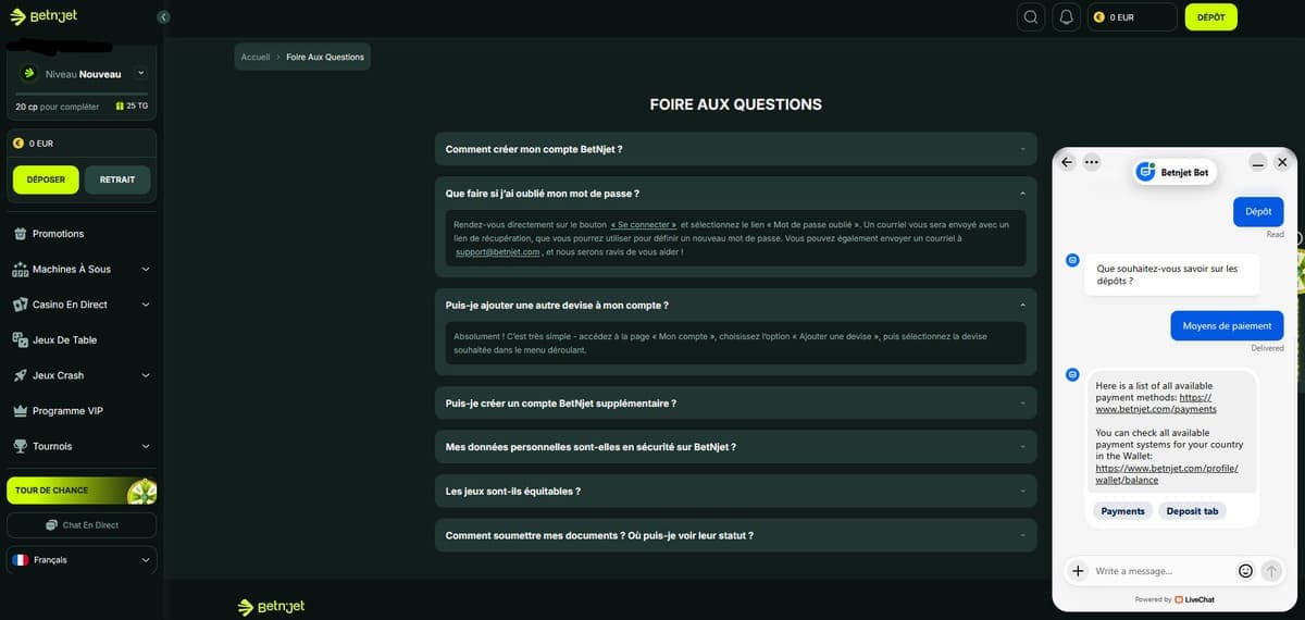 Support client BetnJet Casino