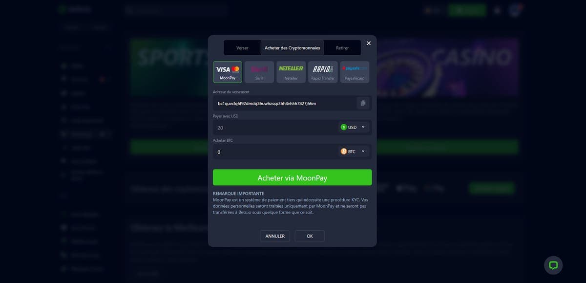 achat cryptomonnaies Bets.io Casino