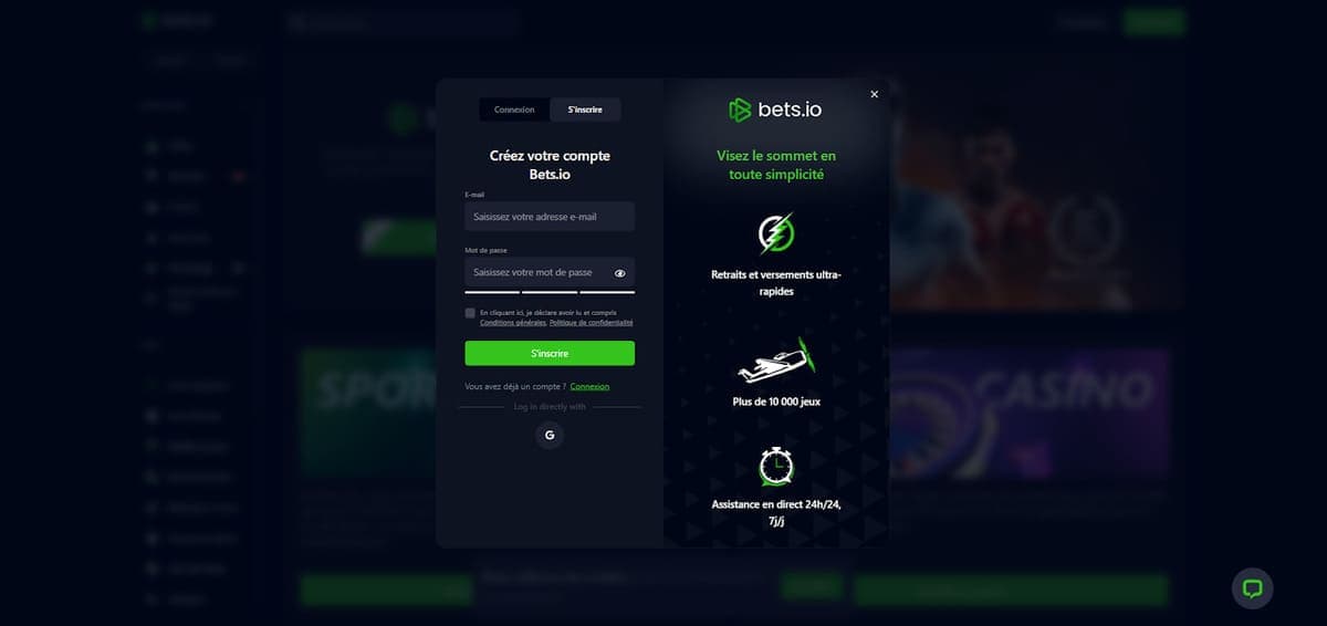 inscription Bets.io Casino