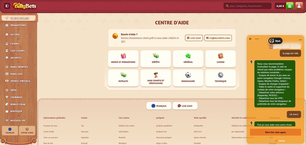 Centre d'aide BillyBets Casino