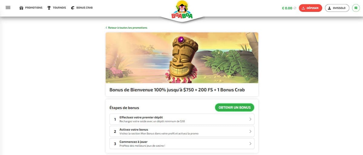 bonus bienvenue Boaboa Casino