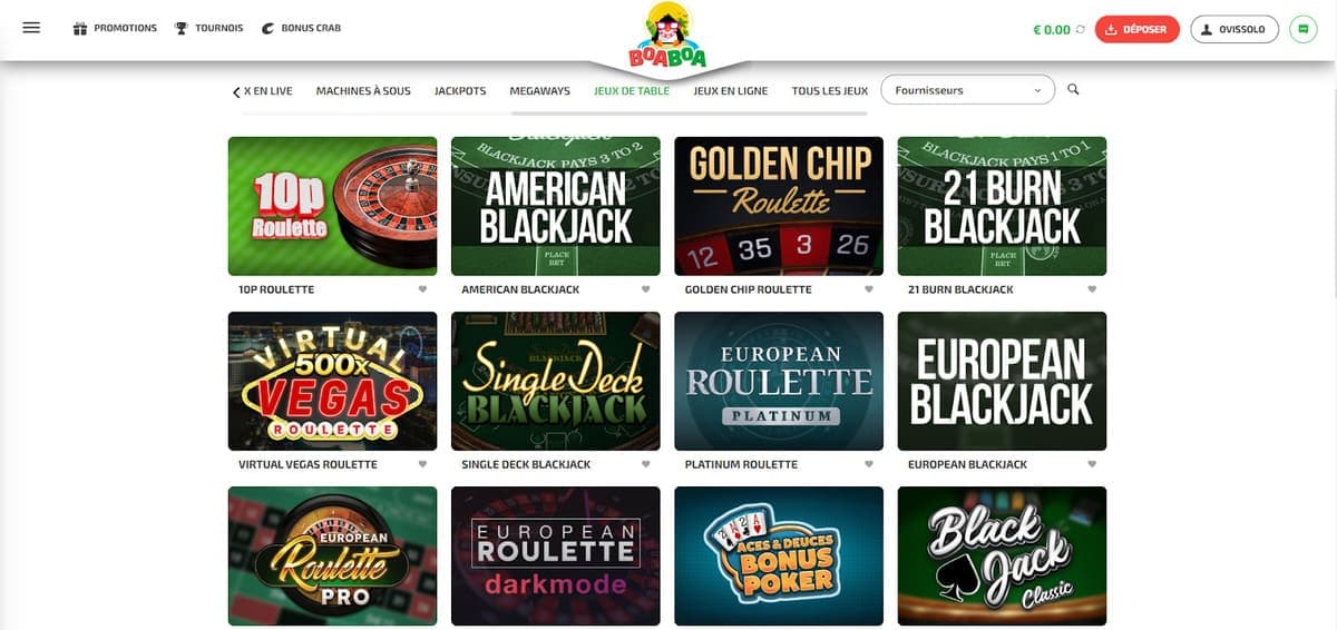 jeux de table Boaboa Casino